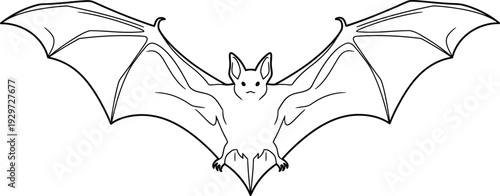 A simple line drawing of a bat in flight with outstretched wings