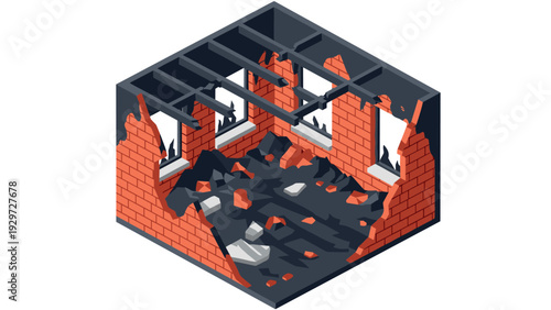 isometric view of a damaged burnt house interior with broken walls and ceiling in vector style