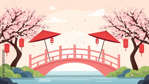 pink arched bridge with red umbrellas and cherry blossom trees hand drawn spring landscape illustration