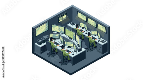isometric military control room with soldiers monitoring multiple screens in digital style