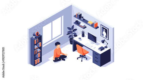 person meditating on floor in modern home office with desk computer and bookshelf in isometric view