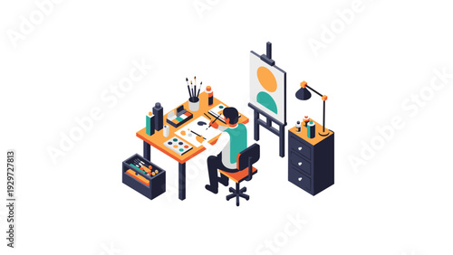 artist painting at desk workspace with art supplies and easel isometric illustration