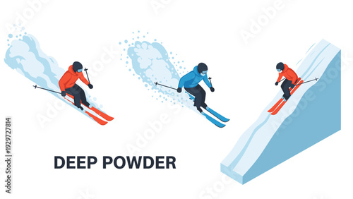 skiers in deep powder snow hand drawn vector illustration set of three winter sports scenes