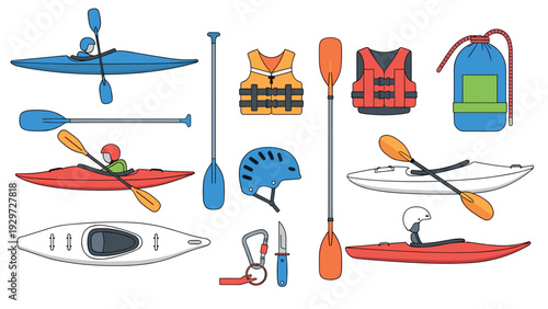 set of hand drawn kayaking equipment and kayaks with paddles helmets life jackets and safety bottle