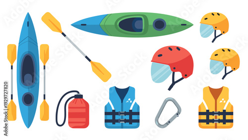 kayaking equipment set with kayaks paddles helmets life jackets carabiner and water bottle in flat style