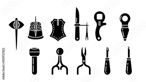 set of black and white hand drawn sewing and crafting tools icons collection