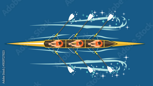 top view of three people rowing yellow boat with hand drawn style for sport and teamwork concept