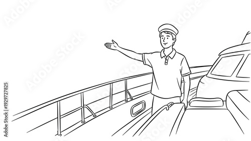 man standing on a boat deck wearing captain hat hand drawn outline illustration