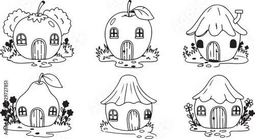 Six whimsical houses with unique roofs and landscaping drawn in black and white