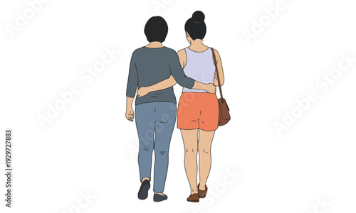 Two Women Walking Arm in Arm from Behind, Illustration