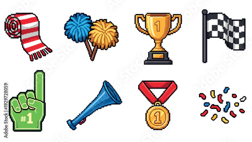 pixel art sports fan accessories set including trophy medal foam finger pom poms and confetti