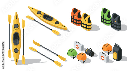 isometric kayaking equipment set with yellow kayaks paddles life jackets helmets and first aid kits hand drawn illustration for outdoor adventure
