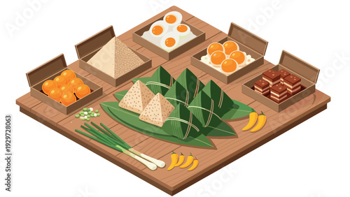 traditional asian sticky rice dumplings wrapped in leaves with assorted sweets and ingredients on wooden tray in flat vector style