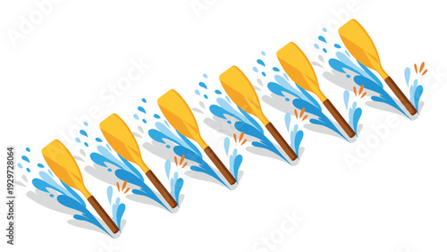 set of rowing oars with water splashes in flat style sport equipment collection