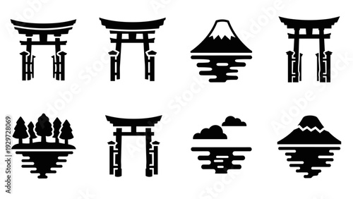 set of japanese torii gates and mountains hand drawn silhouette icons
