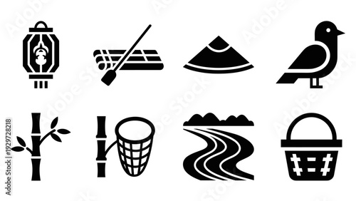 collection of black silhouette icons with bamboo elements river and bird in simple flat style