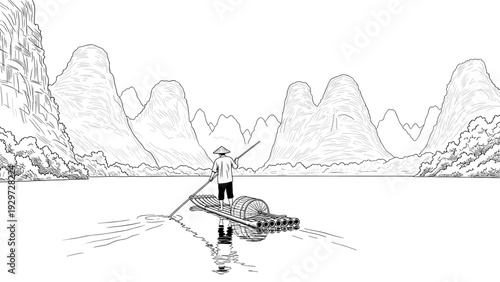 man on bamboo raft rowing on river with mountains landscape hand drawn line art