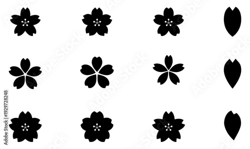 桜のアイコンマーク　サクラ　春　花白黒