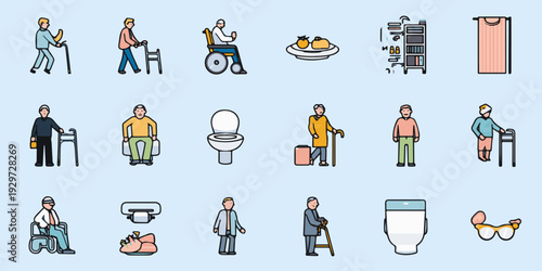 Illustrations of elderly people engaging in various daily activities and using assistive devices