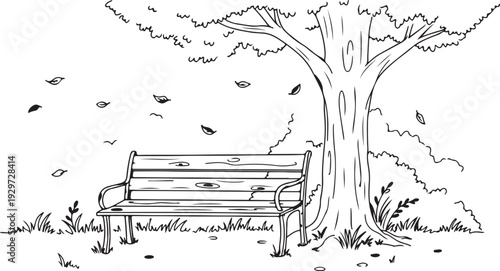 A black and white drawing of a park bench under a tree with leaves falling around it in an outdoor setting