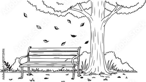 Black and white illustration of empty park bench under a tree with falling leaves on a sunny day outdoors