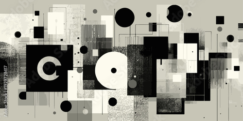 Abstract art with geometric shapes and a vibrant red circle in the foreground.