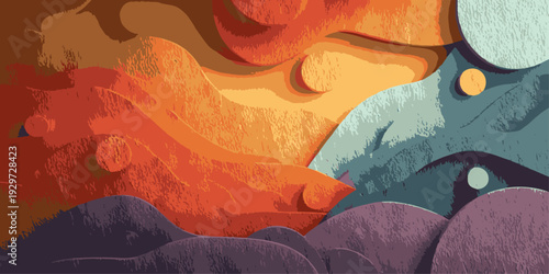 A vibrant and abstract illustration of overlapping, textured shapes in various colors