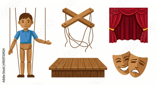 Collection of theatrical props and performance tools featuring a puppet, stage, and classic drama masks