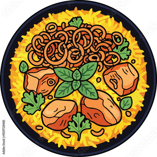 Delicious Biryani Dish with Chicken and Fried Onions.