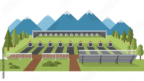 archery shooting range outdoors with targets and mountain landscape flat style