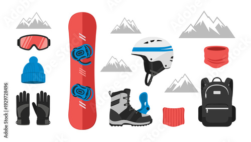 snowboard gear set with helmet gloves boots goggles beanie and backpack in flat style for winter sports and mountain activities