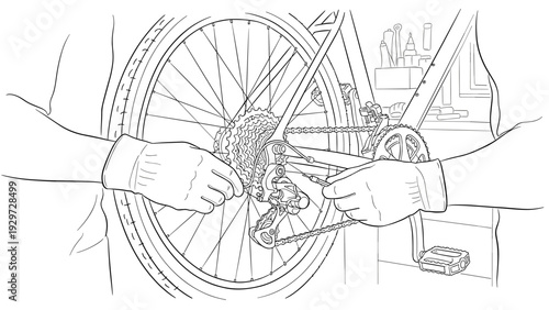 person repairing bicycle chain with tools hand drawn black and white line art