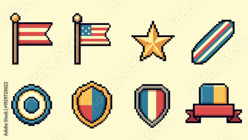 pixel art patriotic flag star and shield icon pack with retro style design elements