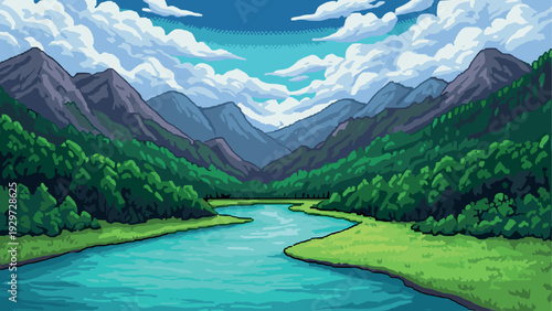 river flowing through green forest with mountains and cloudy sky hand drawn landscape illustration