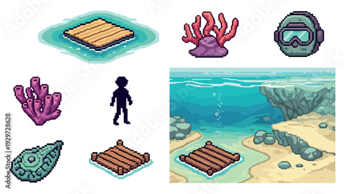 underwater pixel art coral reef raft and diver equipment set in retro video game style