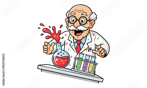 Cartoon Scientist with Exploding Flask and Test Tubes in Lab