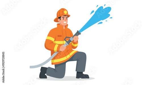 Firefighter Kneeling and Spraying Water with Fire Hose Nozzle