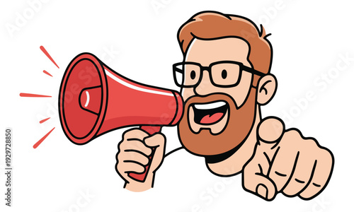 Cartoon Man with Megaphone Announcing and Pointing Forward