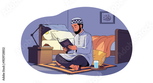 A Muslim man sits on a prayer mat reading the Quran at night