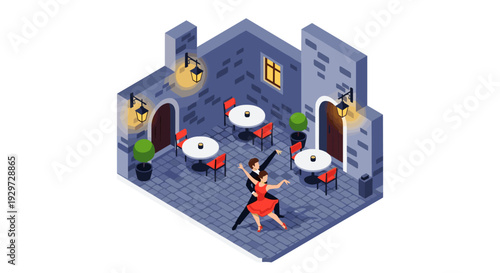 couple dancing tango in isometric street cafe scene with tables chairs and lamps