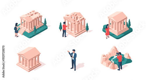isometric ancient greek temple ruins with tourists visiting and sightseeing hand drawn illustration set