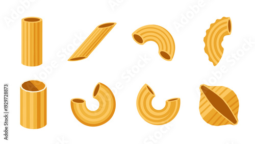 eight different types of pasta shapes collection in flat style for food and cooking design