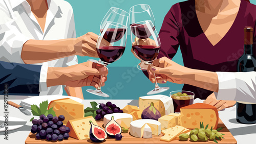 people toasting with red wine glasses near cheese and fruit platter digital vector illustration