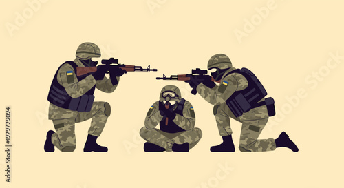 three ukrainian soldiers in camouflage uniforms aiming rifles in a flat military style illustration