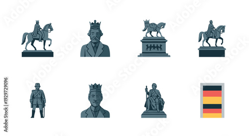 set of hand drawn historical king statues and soldier figurines in dark blue minimalist style and german flag icon