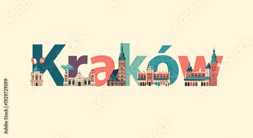 kraków city skyline with colorful hand drawn architectural landmarks and typography design