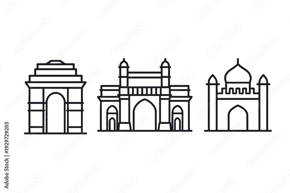 Obraz premium set of indian historical monument icons in hand drawn line art style for travel and architecture design