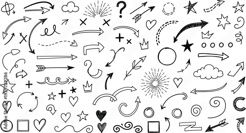 Obraz premium Hand Drawn Arrow and Doodle Elements Set with Stars, Hearts, Swirls, Symbols and Decorative Sketch Vector Collection