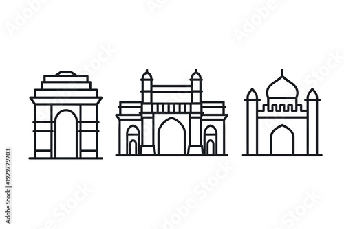 set of indian historical monument icons in hand drawn line art style for travel and architecture design