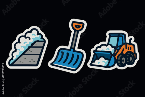 snow shovel tractor and driveway with snow hand drawn cartoon stickers set